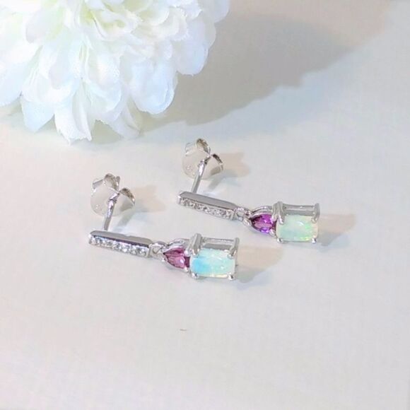 Opal, Garnet & White Topaz Earrings - Picture 1 of 6